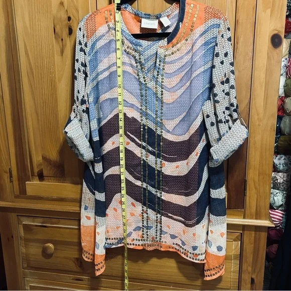 Chico’s large (2) blue/coral blouse with convertible sleeves/gold embellishments - Picture 1 of 5